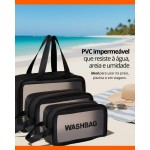 Kit 3 Necessaire Feminina Viagem Praia PVC Impermeável Zíper Grande Espaçosa Bolsa Organizadora Cosméticos Lavável Durável Prática Estilo Blogueira Luxo (Preto) - Imagem 5