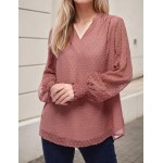 Blusa feminina de chiffon de manga comprida casual gola V mangas de malha de pontos suíços blusas soltas - Imagem 3