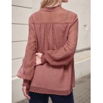 Blusa feminina de chiffon de manga comprida casual gola V mangas de malha de pontos suíços blusas soltas - Imagem 5