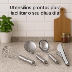 Kit Utensílios Cozinha Gourmet Aço Inox Premium Espumadeira Escumadeira Fouet Concha Fuê Batedor Claras Ovos Pegador Salada Macarrão Elegante Resistente - Imagem 3