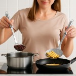 Kit Utensílios Cozinha Gourmet Aço Inox Premium Espumadeira Escumadeira Fouet Concha Fuê Batedor Claras Ovos Pegador Salada Macarrão Elegante Resistente - Imagem 5