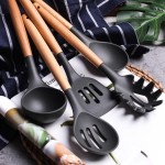 Utensilios Para Cozinha Silicone Kit 19 Peças Cabo Madeira Conjunto Completo Espátula Concha Colher Jogo Suporte Faca Antiaderente Tabua Tesoura Faqueiro PREMIUM (Preto) - Imagem 5