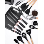 Utensilios Para Cozinha Silicone Kit 19 Peças Cabo Madeira Conjunto Completo Espátula Concha Colher Jogo Suporte Faca Antiaderente Tabua Tesoura Faqueiro PREMIUM (Preto) - Imagem 6