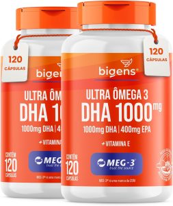 Ultra Omega 3, DHA 1000MG, EPA 400mg, com vitamina E - Certificado MEG-3, 120 Cápsulas, Bigens, Kit 2x