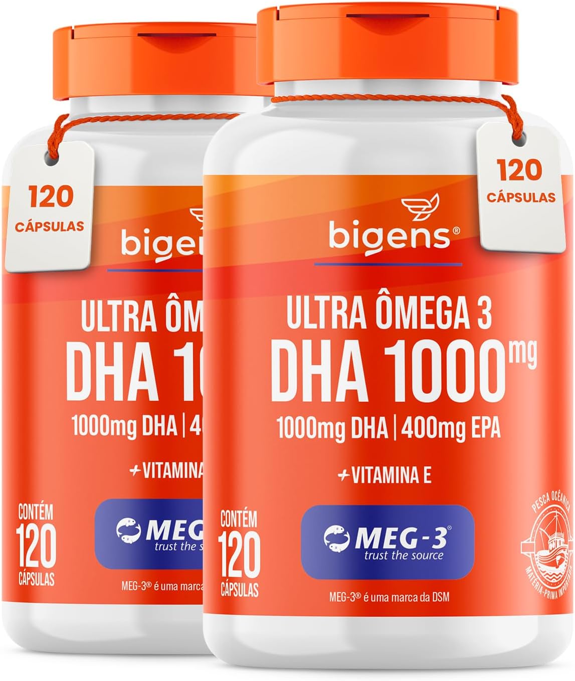 1766630368_Ultra-Omega-3-DHA-1000MG-EPA-400mg-com-vitamina-E.jpg Ultra Omega 3, DHA 1000MG, EPA 400mg, com vitamina E - Certificado MEG-3, 120 Cápsulas, Bigens, Kit 2x