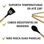 Kit Completo com 12 Peças Utensílios de Cozinha em Silicone com Cabo de Madeira Antiaderentes e Resistentes ao Calor (Preto) - Imagem 8