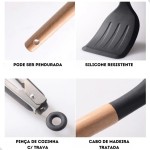 Kit 12 Utensílios de Cozinha em Silicone e Cabo de Madeira - Jogo Resistente ao Calor Antiaderente Premium - Preto - T2X Soluções (Preto) - Imagem 7