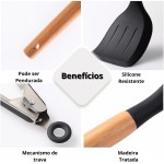 Kit 12 Utensílios de Cozinha em Silicone Premium com Cabo de Madeira Resistente ao Calor, Antiaderente, Seguro para Panelas, Colher, Espátula, Batedor e Concha Preto - Imagem 6
