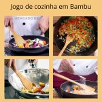 Kit de Utensílios de Cozinha em Bambu, 4 Peças, Espátula Reta, Espátula Arredondada, Garfo e Colher - Imagem 8