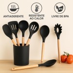 Conjunto de Utensílios de Cozinha em Silicone, 12 Peças, Cabo de Madeira, Resistente ao Calor até 230°C, com Suporte (Preto) - Imagem 3