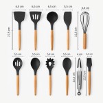 Kit Completo 12 Utensílios de Cozinha Silicone e Cabo de madeira Resistente ao calor Antiaderente Tamanho ideal para uso diário BPA Free (CINZA) - Imagem 4