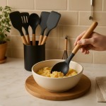 Kit Completo 12 Utensílios de Cozinha Silicone e Cabo de madeira Resistente ao calor Antiaderente Tamanho ideal para uso diário BPA Free (CINZA) - Imagem 5