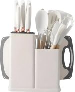 Kit 19 Peças Utensilios Cozinha Silicone Com Facas Antiaderente Cabo De Madeira Tratada Kit Com Colher Concha Espatula Pegador Tesoura Tabua - Jogo Completo Premium Branco Marmore.