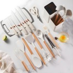 Kit 19 Peças Utensilios Cozinha Silicone Com Facas Antiaderente Cabo De Madeira Tratada Kit Com Colher Concha Espatula Pegador Tesoura Tabua - Jogo Completo Premium Branco Marmore. - Imagem 3