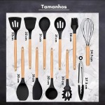 Kit 19 Peças Utensilios Cozinha Silicone Com Facas Antiaderente Cabo De Madeira Tratada Kit Com Colher Concha Espatula Pegador Tesoura Tabua - Jogo Completo Premium Branco Marmore. - Imagem 5