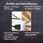 Kit 19 Peças Utensilios Cozinha Silicone Com Facas Antiaderente Cabo De Madeira Tratada Kit Com Colher Concha Espatula Pegador Tesoura Tabua - Jogo Completo Premium Branco Marmore. - Imagem 7