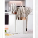 Kit 19 Peças Utensilios Cozinha Silicone Com Facas Antiaderente Cabo De Madeira Tratada Kit Com Colher Concha Espatula Pegador Tesoura Tabua - Jogo Completo Premium Branco Marmore. - Imagem 8