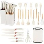 Kit 19 Peças Utensilios Cozinha Silicone Com Facas Antiaderente Cabo De Madeira Tratada Kit Com Colher Concha Espatula Pegador Tesoura Tabua - Jogo Completo Premium Branco Marmore. - Imagem 9