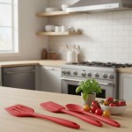 Kit de Utensílios de Cozinha em Silicone 3 Peças Colher Espátula e Espátula Vazada Vermelho Premiun - Imagem 4