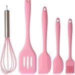 Kit de Utensílios de Cozinha em Silicone 5 Peças – Espátulas, Pincel e Fouet, Resistente ao Calor, Antiaderente (Rosa)
