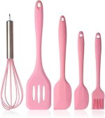 Kit de Utensílios de Cozinha em Silicone 5 Peças – Espátulas, Pincel e Fouet, Resistente ao Calor, Antiaderente (Rosa)