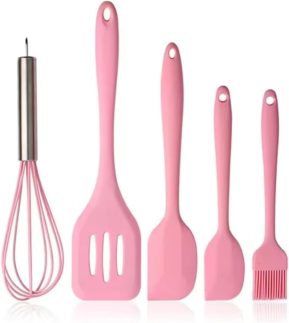 Kit de Utensílios de Cozinha em Silicone 5 Peças – Espátulas, Pincel e Fouet, Resistente ao Calor, Antiaderente (Rosa)