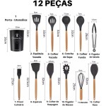 Kit 12 Utensílios Cozinha Silicone Cabo Madeira Resistente Calor Jogo de Utensilios Antiaderente Premium (PRETO) - Imagem 3