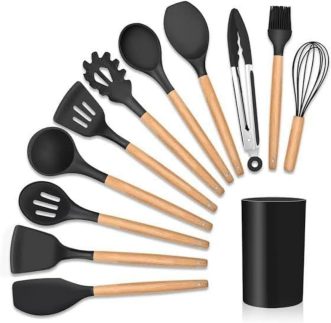 Conjunto de Utensílios de Cozinha em Silicone e Cabo de Madeira, Kit 12 peças, Antiaderente, Resistente ao Calor (Preto)