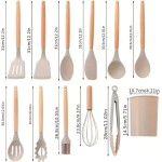 Kit com 12 Utensílios de Cozinha em Silicone com Cabo de Madeira Conjunto Completo com Suporte, Resistente ao Calor até 230°C (Bege) - Imagem 3