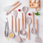 Kit com 12 Utensílios de Cozinha em Silicone com Cabo de Madeira Conjunto Completo com Suporte, Resistente ao Calor até 230°C (Bege) - Imagem 5