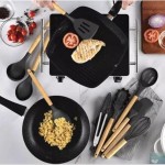 Kit Utensílios de Cozinha 12 Peças de Silicone Cabo de Madeira com Suporte Organizador (Cinza) - Imagem 3