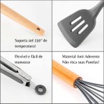 Utensílios de Cozinha Jogo Kit de Silicone 12 em 1 Anti Aderente Cabo de Madeira Versão Premium com Suporte Casa Buritis (Cinza) - Imagem 3