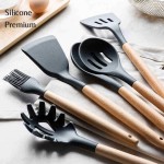 Utensílios de Cozinha Jogo Kit de Silicone 12 em 1 Anti Aderente Cabo de Madeira Versão Premium com Suporte Casa Buritis (Cinza) - Imagem 4