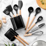 Utensílios de Cozinha Jogo Kit de Silicone 12 em 1 Anti Aderente Cabo de Madeira Versão Premium com Suporte Casa Buritis (Cinza) - Imagem 5