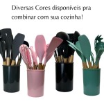 Utensílios de Cozinha Jogo Kit de Silicone 12 em 1 Anti Aderente Cabo de Madeira Versão Premium com Suporte Casa Buritis (Cinza) - Imagem 6