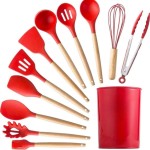 Utensílios de Cozinha Jogo Kit de Silicone 12 em 1 Anti Aderente Cabo de Madeira Versão Premium com Suporte Casa Buritis (Cinza) - Imagem 9