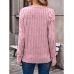 Blusa feminina de manga comprida e gola V, lisa, casual, decorativa, botões, tricotada, pulôver, túnica, tops - Imagem 3