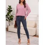 Blusa feminina de manga comprida e gola V, lisa, casual, decorativa, botões, tricotada, pulôver, túnica, tops - Imagem 5