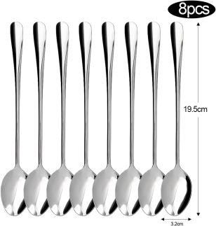 8 peças/conjunto de aço inoxidável, cabo longo, colher de sorvete, sobremesa, expresso, mel, colher de mistura, utensílios de cozinha, acessório de mesa