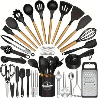 BEMMY Kit 44 Conjunto de Utensílios de Utensílios para Cozinha Panelas Antiaderentes com Cabos de Madeira