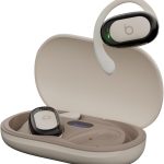 Basike Fone de Ouvido Bluetooth 5.4 Open Ear Sem Fio - OWS/TWS Áudio Hi-Fi Estéreo, 120h em Standby, Display LED, Toque Inteligente, Conforto para Uso Diário, Trabalho e Lazer – Bege Claro