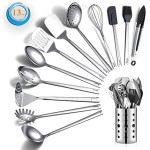 Berglander Conjunto de utensílios de cozinha de aço inoxidável, conjunto de 13 utensílios de cozinha, conjunto de utensílios de cozinha com suporte de utensílios antiaderente e resistente ao calor,