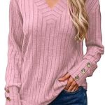 Blusa feminina de manga comprida e gola V, lisa, casual, decorativa, botões, tricotada, pulôver, túnica, tops
