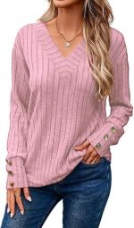 Blusa feminina de manga comprida e gola V, lisa, casual, decorativa, botões, tricotada, pulôver, túnica, tops