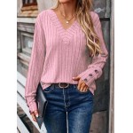 Blusa feminina de manga comprida e gola V, lisa, casual, decorativa, botões, tricotada, pulôver, túnica, tops - Imagem 2