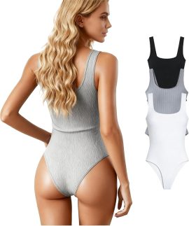 Body feminino de 3 peças, charmoso collant de gola quadrada canelada estilo top justo para controle da forma abdominal