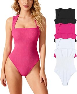 Body modelador feminino de 3 peças, sexy, casual, com nervuras, frente única, gola quadrada, sem mangas, ajuste justo, controle abdominal
