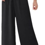 Calça feminina de linho de perna larga - Calça rodada de cintura alta com bolsos