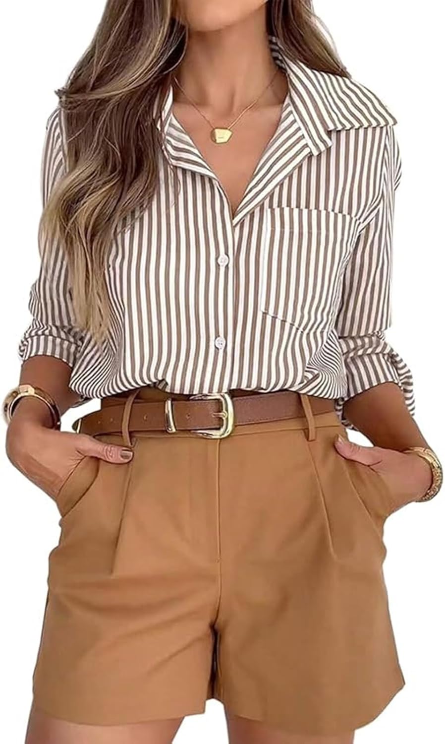 Camisa-feminina-listrada-de-botao-de-manga-comprida-para-negocios.jpg Camisa feminina listrada de botão de manga comprida para negócios, casual, trabalho de escritório com gola e bolso