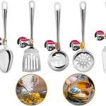 Conjunto Utensílio Cozinha Em Aço Inox Profissional Premium Pegador Escumadeira Concha Colher Espátula Kit 5 Peças - 100% INOX